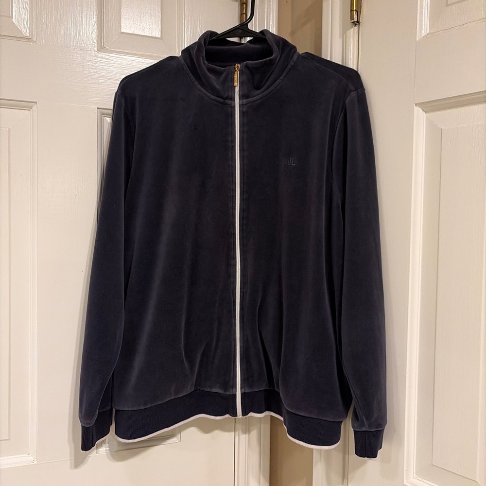 Lauren Ralph Lauren Track Jacket Womens 2X Navy Velour Zip Mock Neck Excellent